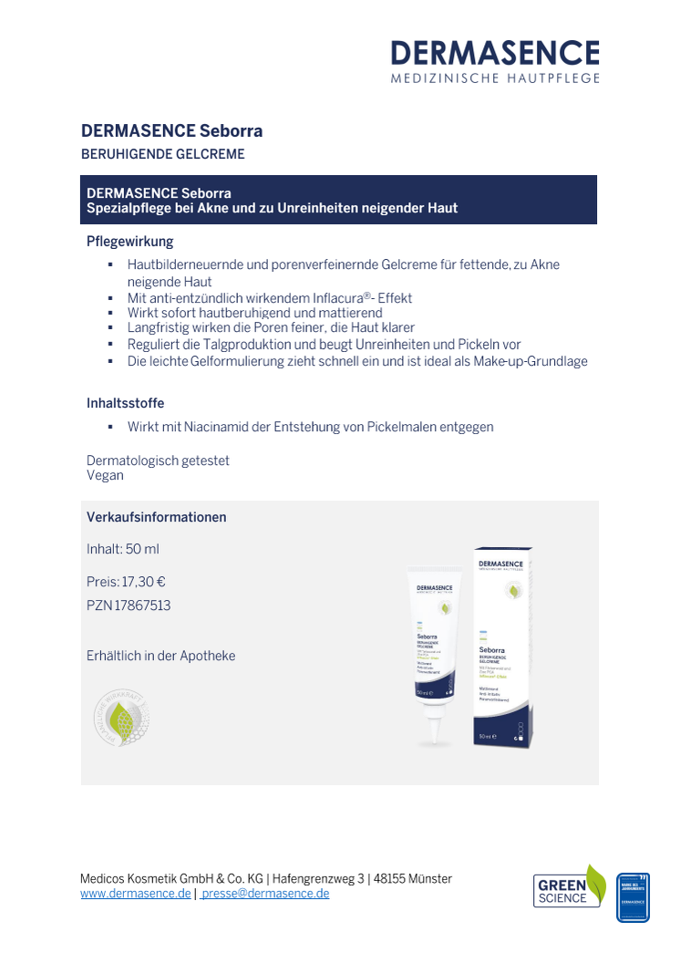 Factsheet DE: DERMASENCE Seborra Beruhigende Gelcreme