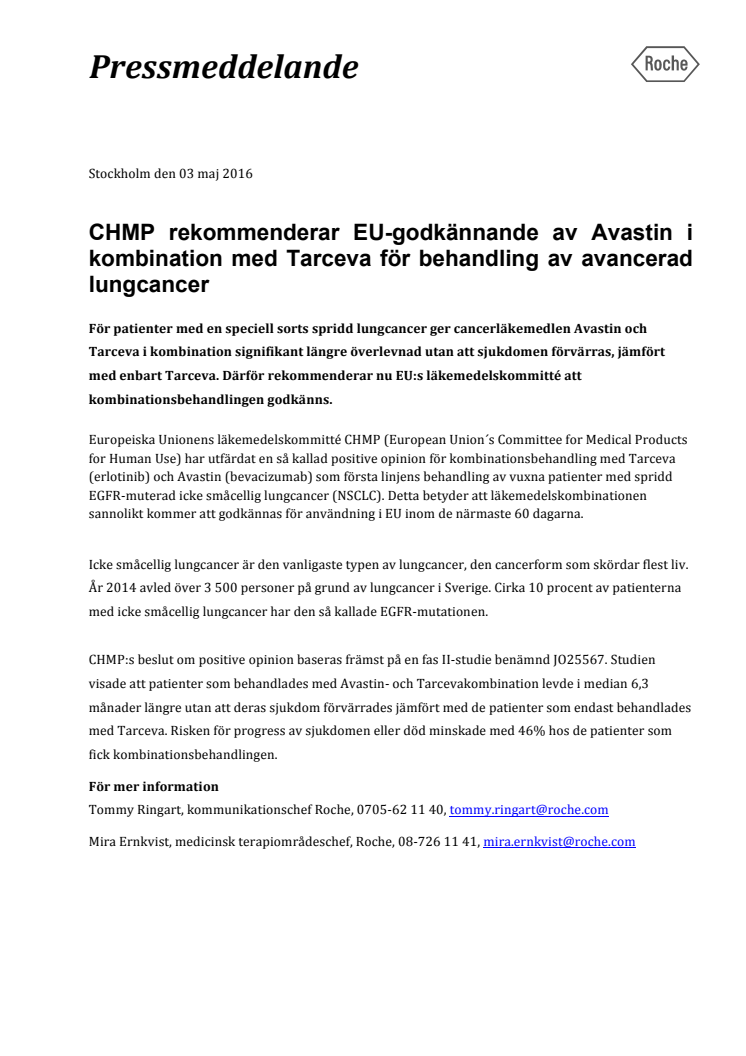 CHMP rekommenderar EU-godkännande av Avastin i kombination med Tarceva för behandling av avancerad lungcancer