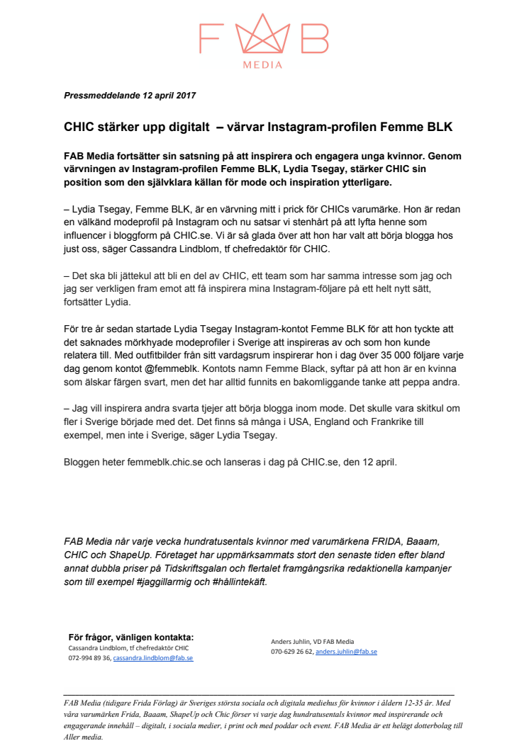 ​CHIC stärker upp digitalt – värvar Instagram-profilen Femme BLK