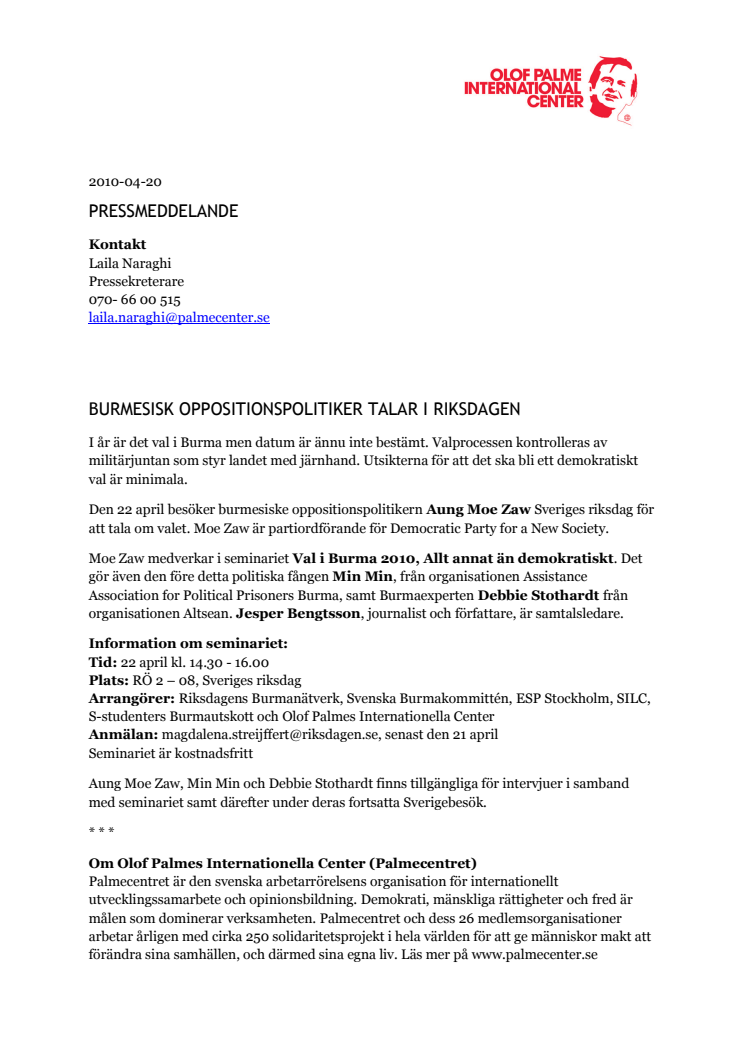 Burmesisk oppositionspolitiker talar i riksdagen