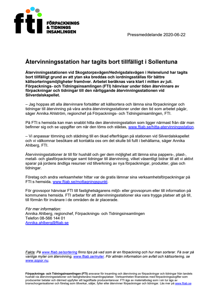 Återvinningsstation har tagits bort tillfälligt i Sollentuna
