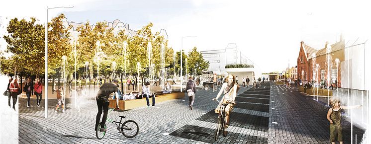Visionsbild ur gestaltningsförslaget "Kontrapunkter", Clemenstorget