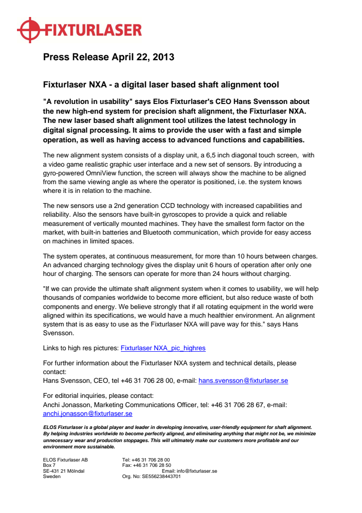 Fixturlaser NXA - a digital laser based shaft alignment tool