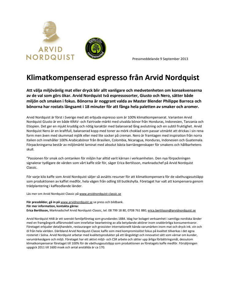 Klimatkompenserad espresso från Arvid Nordquist