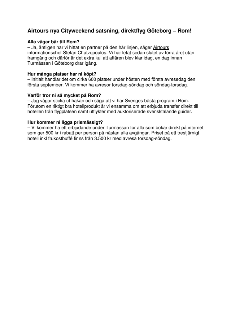 Airtours nya Cityweekend satsning, direktflyg Göteborg – Rom!
