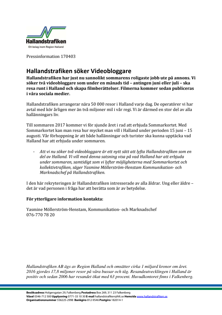 Hallandstrafiken söker Videobloggare