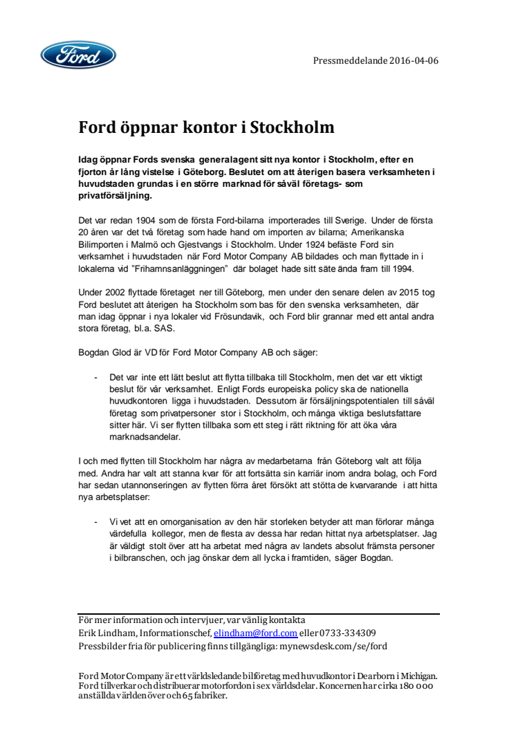 Ford öppnar kontor i Stockholm