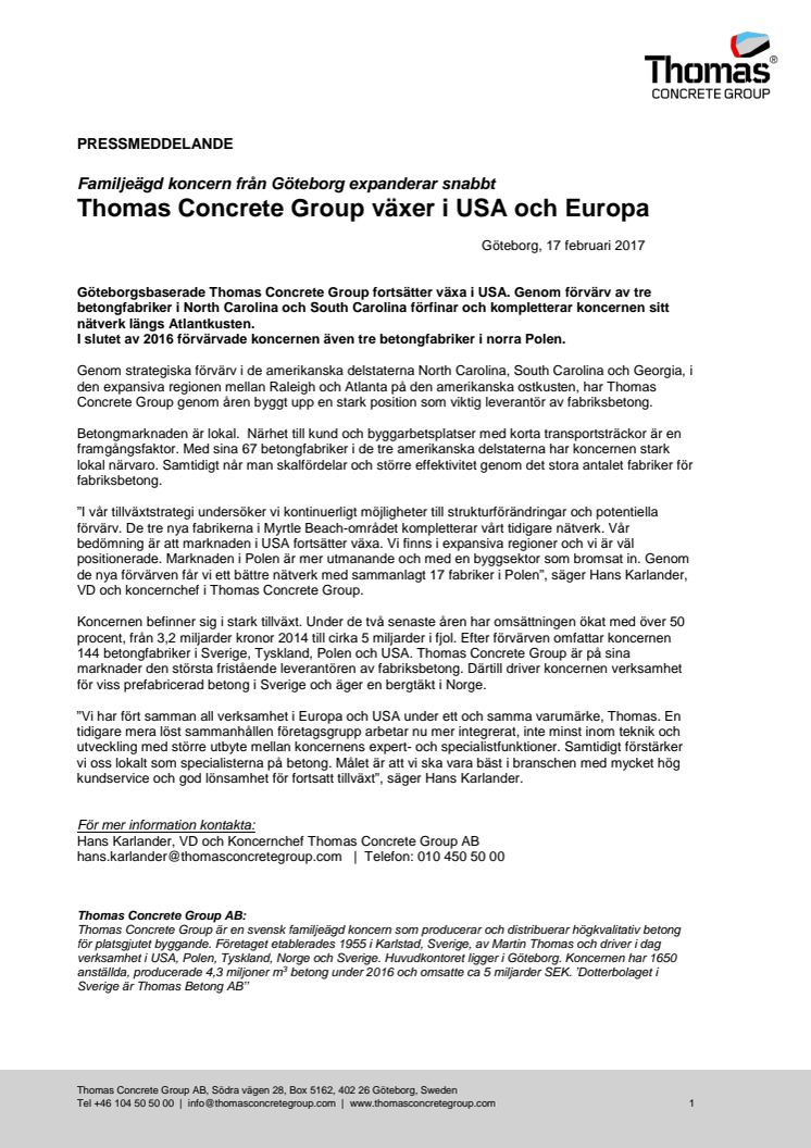 Thomas Concrete Group växer i USA och Europa
