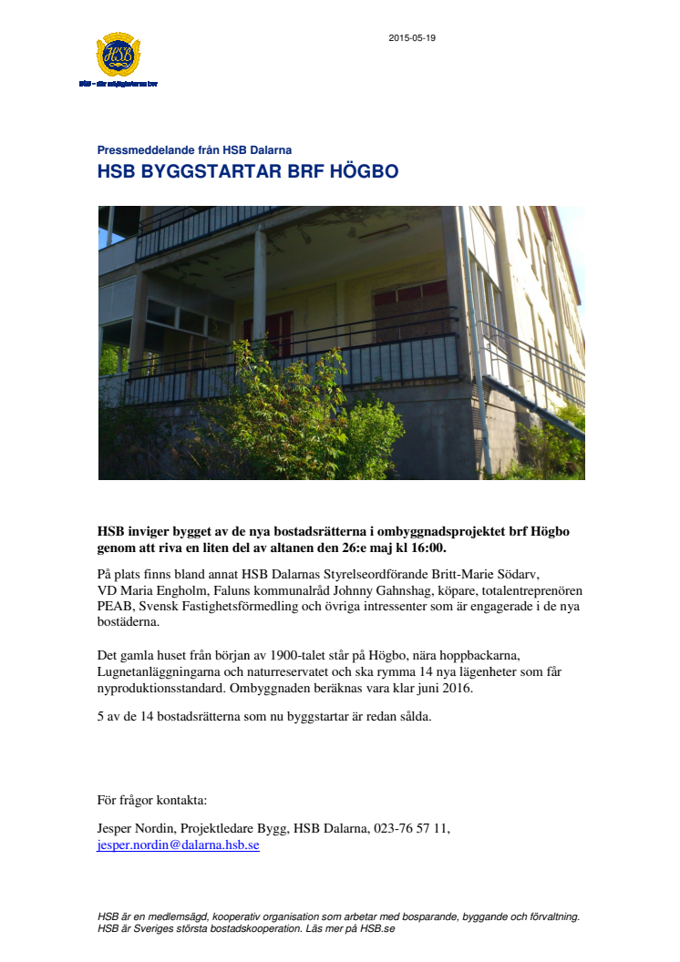 HSB Dalarna byggstartar Brf Högbo