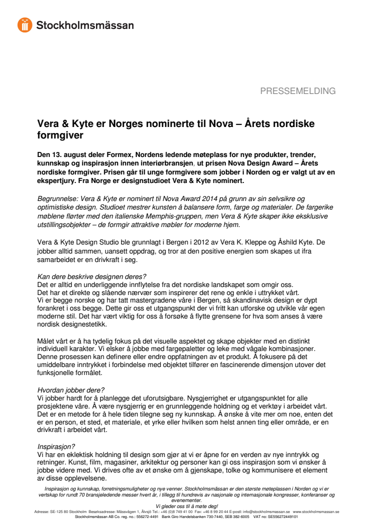 Vera & Kyte er Norges nominerte til Nova – Årets nordiske formgiver