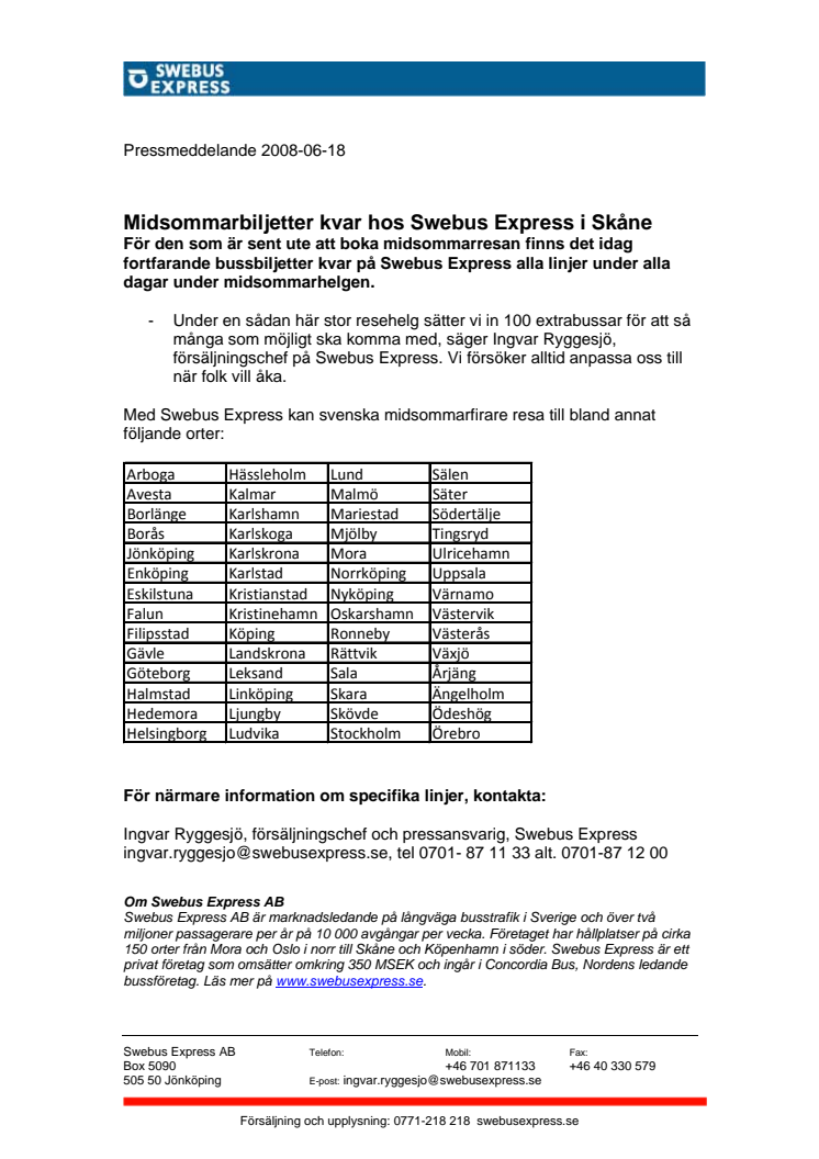 Midsommarbiljetter kvar hos Swebus Express i Skåne