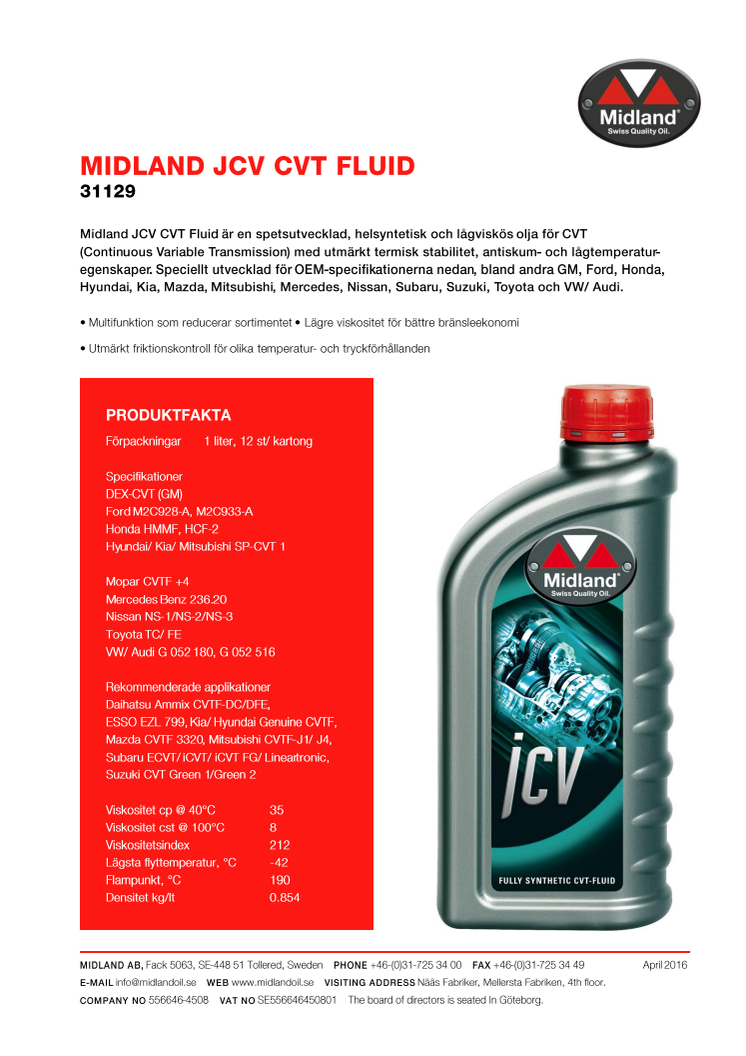 Uppdaterade specar för Midland CVT-olja.