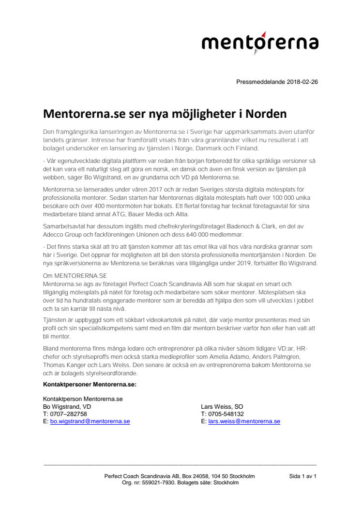 Mentorerna.se ser nya möjligheter i Norden