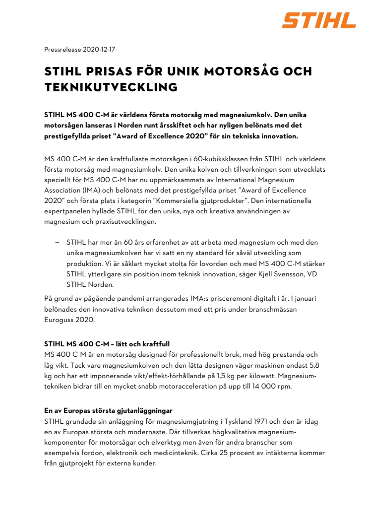STIHL prisas för unik motorsåg och teknikutveckling