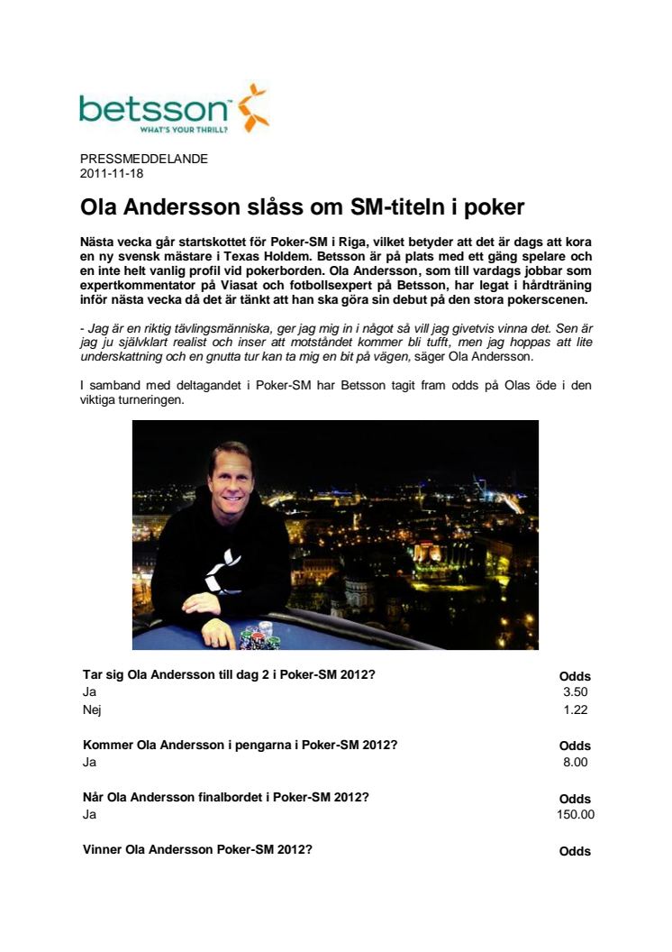 Ola Andersson slåss om SM-titeln i poker