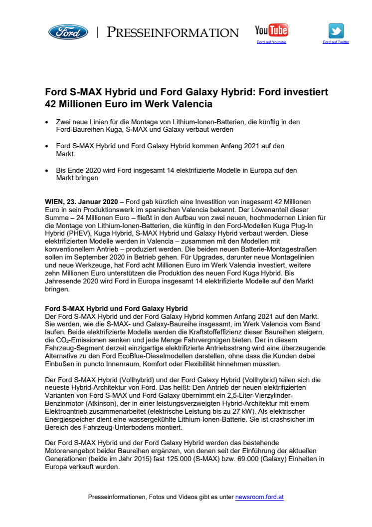 Ford S-MAX Hybrid und Ford Galaxy Hybrid: Ford investiert 42 Millionen Euro im Werk Valencia 