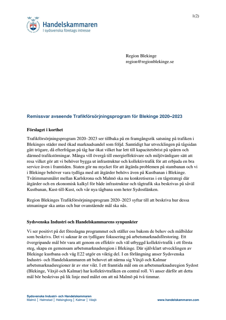 Remissvar avseende Trafikförsörjningsprogram för Blekinge 2020–2023