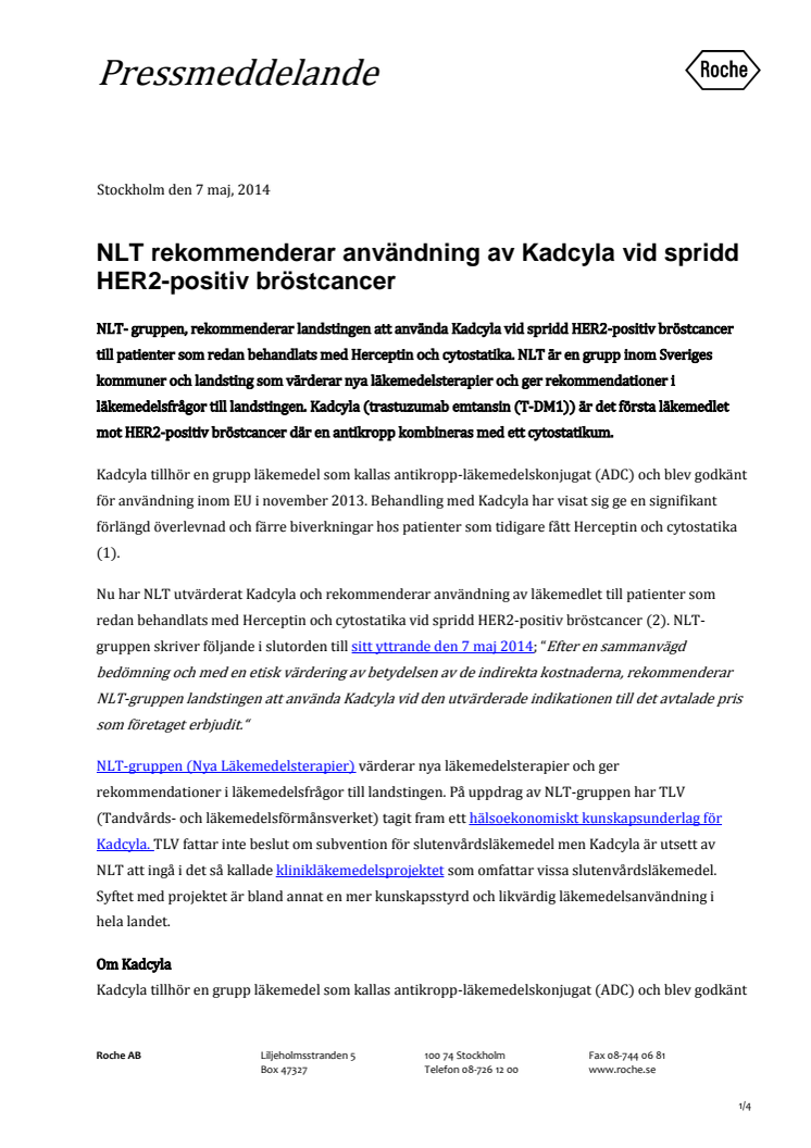 NLT rekommenderar användning av Kadcyla vid spridd HER2-positiv bröstcancer 