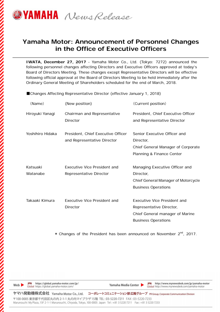 Yamaha Motor: Announcement of Personnel Changes in the Office of Executive Officers