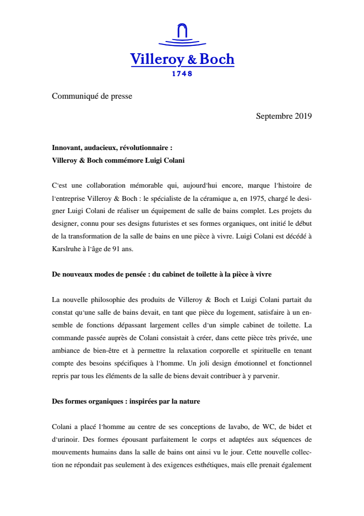 Innovant, audacieux, révolutionnaire :  Villeroy & Boch commémore Luigi Colani 