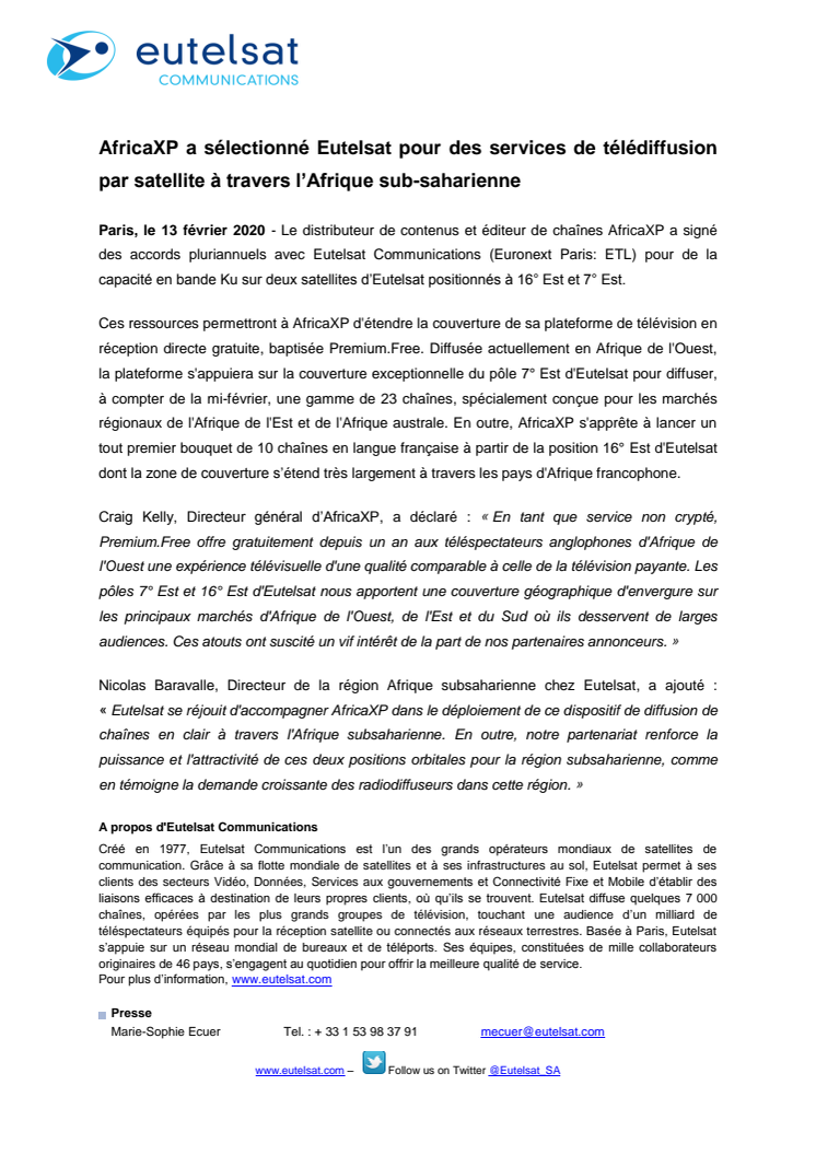 AfricaXP a sélectionné Eutelsat pour des services de télédiffusion par satellite à travers l’Afrique sub-saharienne