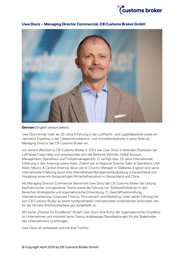 Biographie Uwe Glunz - Managing Director CB Customs Broker