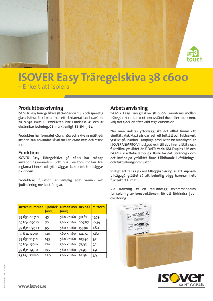 ISOVER Träregelskiva 38 c600