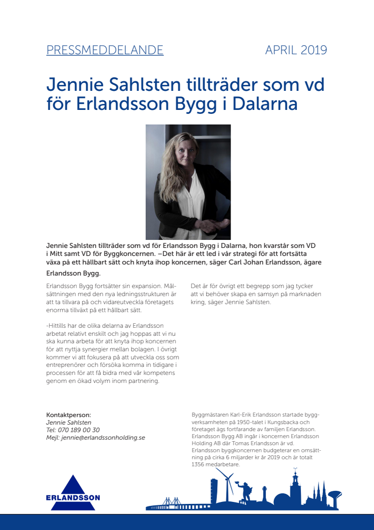 Jennie Sahlsten tillträder som VD för Erlandsson Bygg i Dalarna