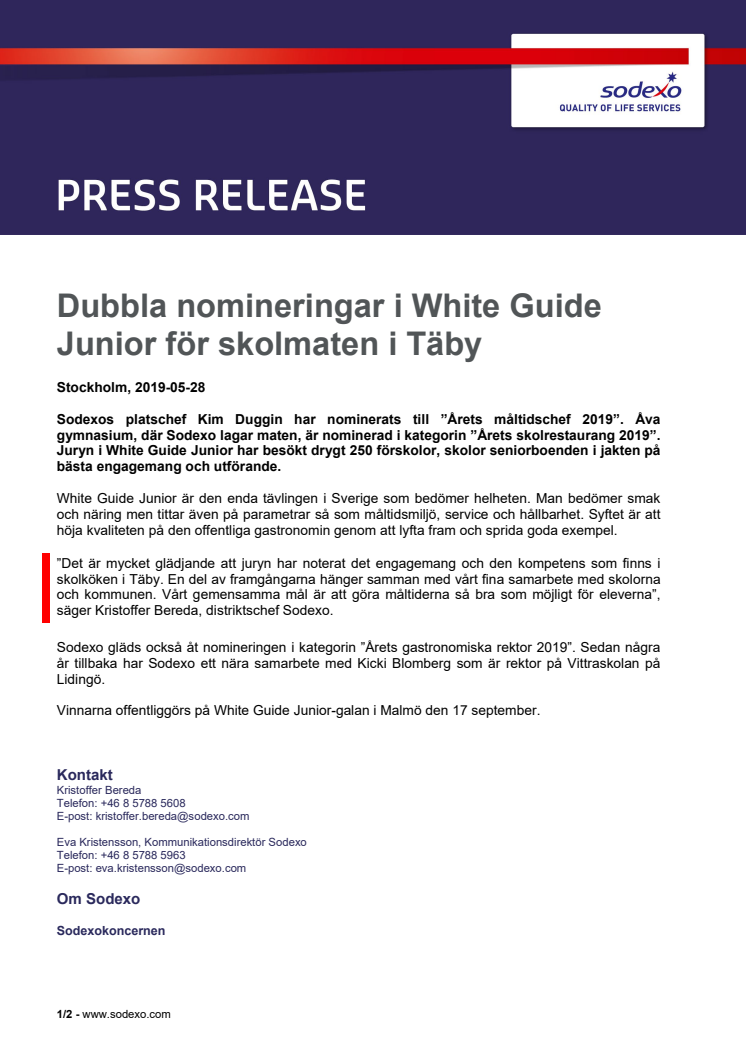 Dubbla nomineringar i White Guide Junior för skolmaten i Täby