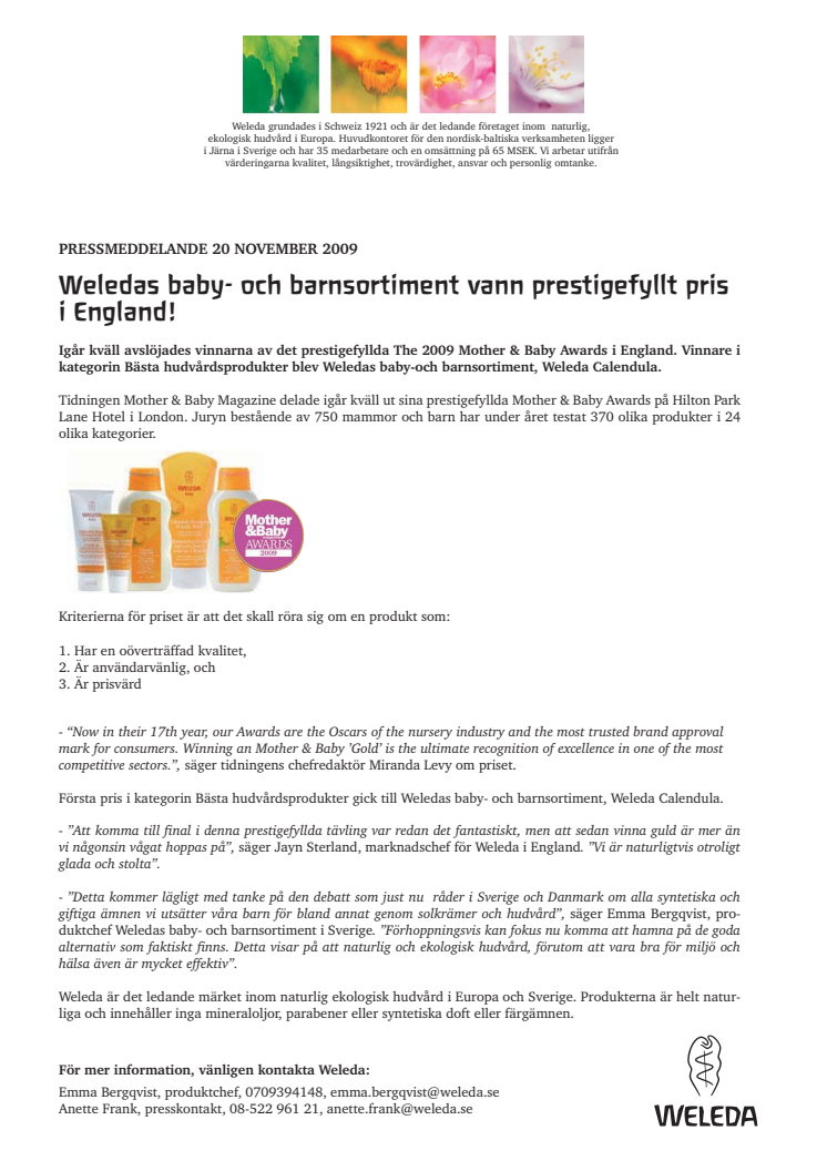Weledas baby- och barnsortiment vann prestigefyllt pris  i England!