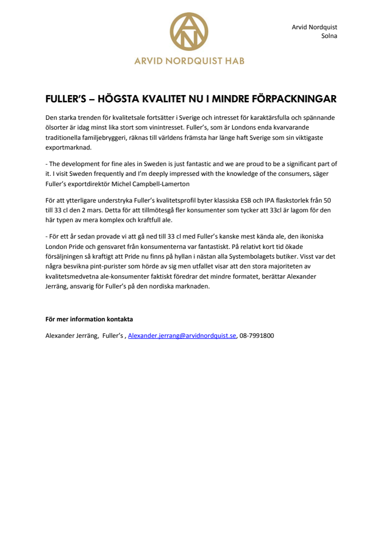 ​Fuller’s – högsta kvalitet nu i litet mindre förpackningar!