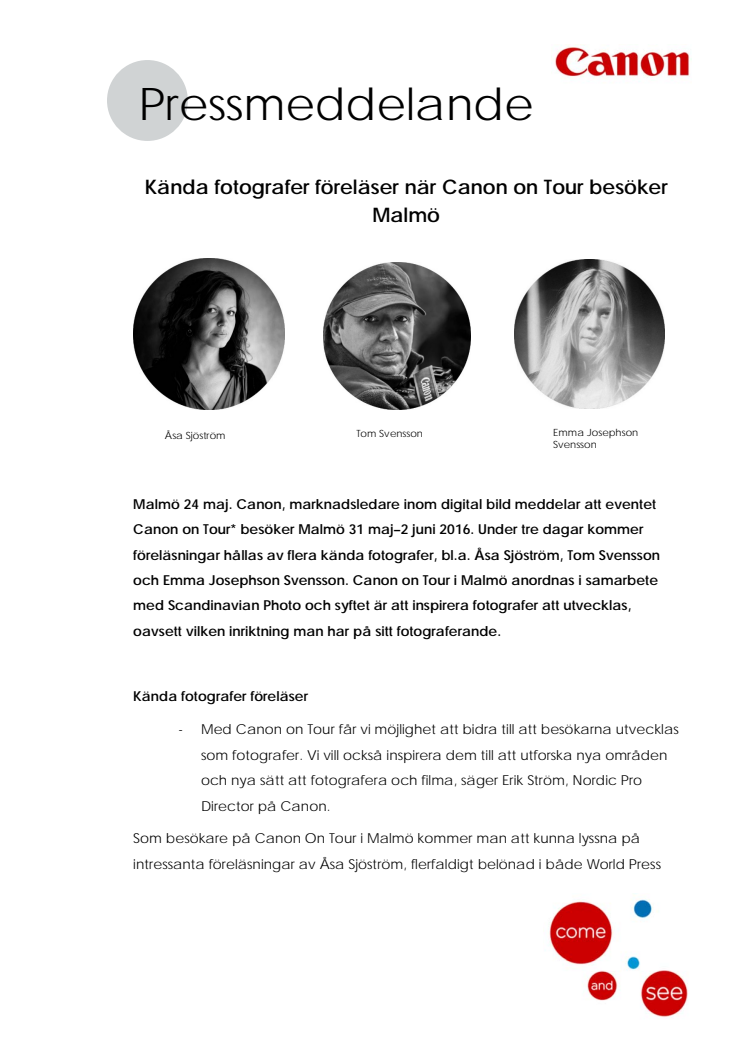 Kända fotografer föreläser när Canon on Tour besöker Malmö