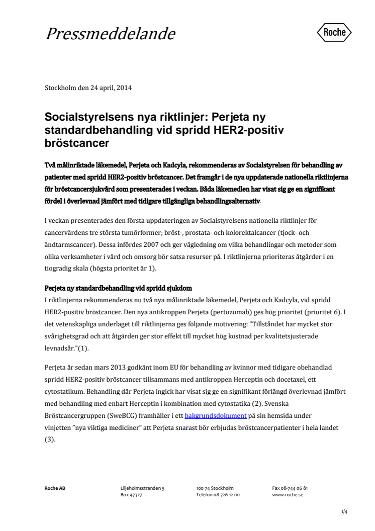 Socialstyrelsens nya riktlinjer: Perjeta ny standardbehandling vid spridd HER2-positiv bröstcancer 