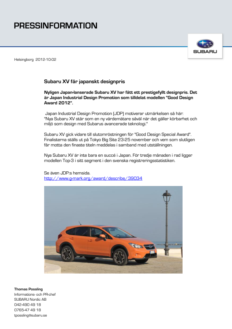 Subaru XV får japanskt designpris