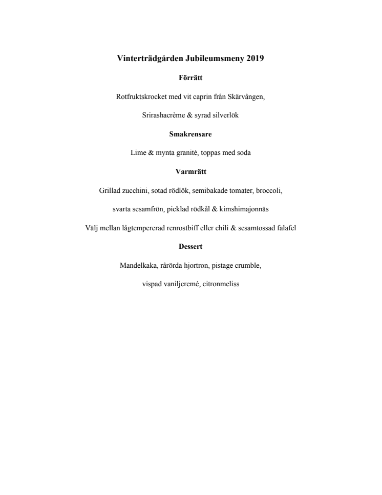 Vinterträdgården Jubileumsmeny 2019