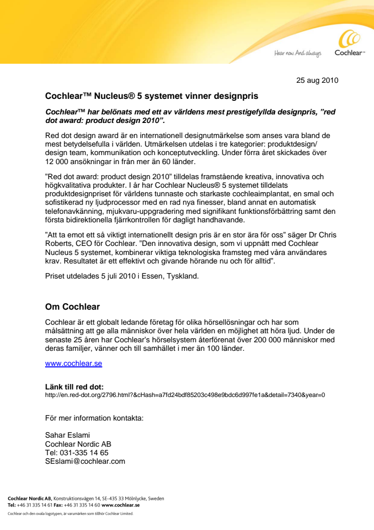 Cochlear Nucleus 5 systemet vinner designpris
