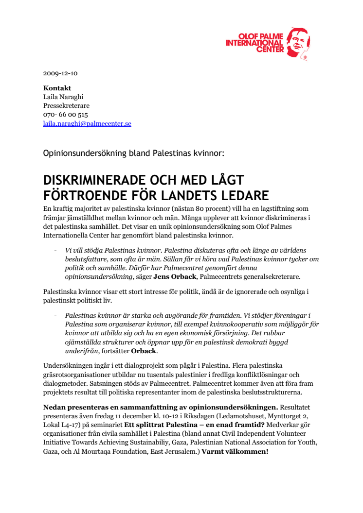 Färsk opinionsundersökning bland Palestinas kvinnor: Diskriminerade och med lågt förtroende för landets ledare