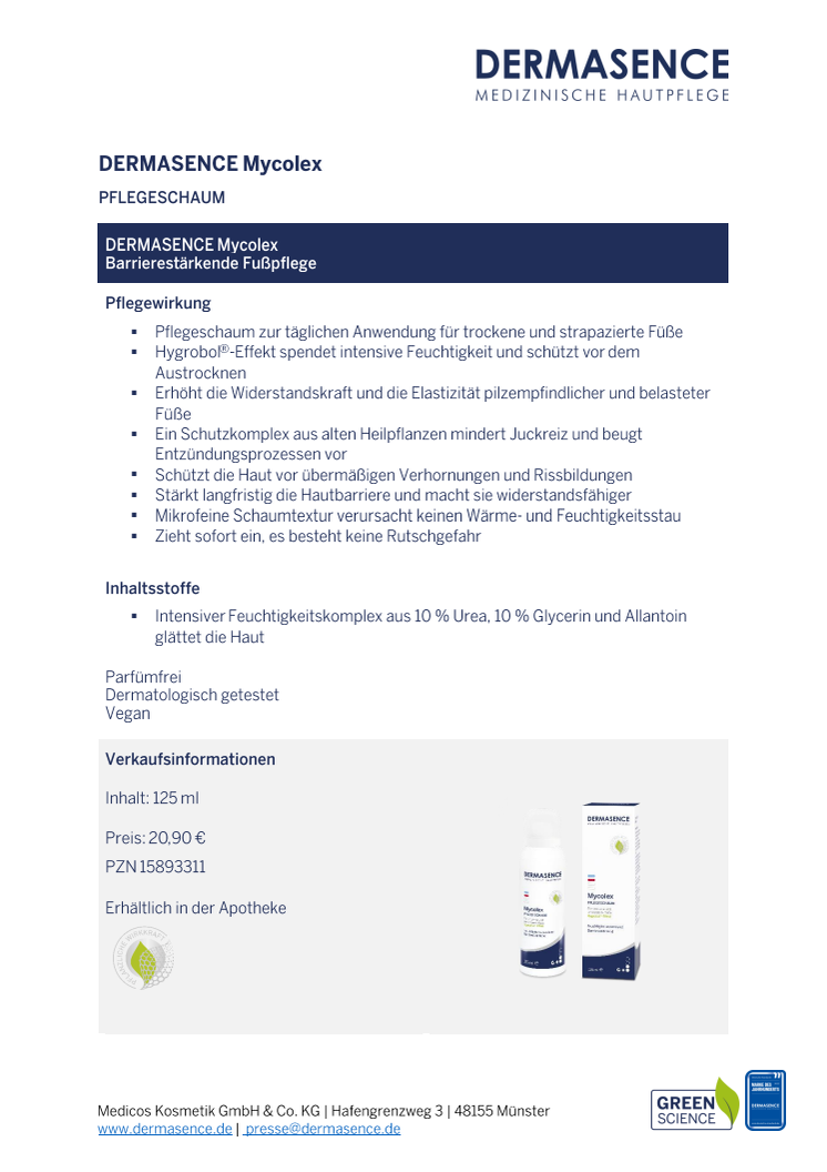 Factsheet DE: DERMASENCE Mycolex Pflegeschaum