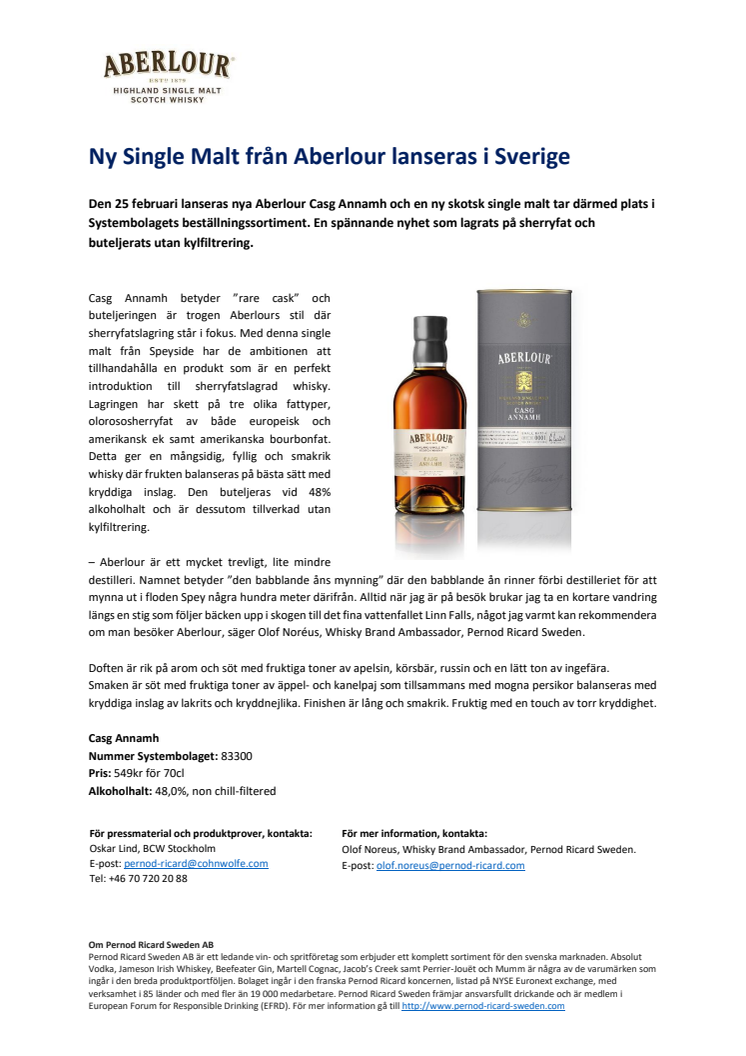 Ny Single Malt från Aberlour lanseras i Sverige