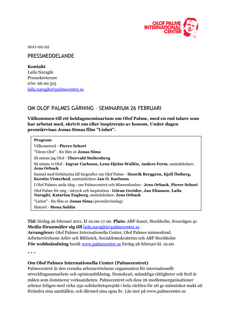 Om Olof Palmes gärning - seminarium 26 februari