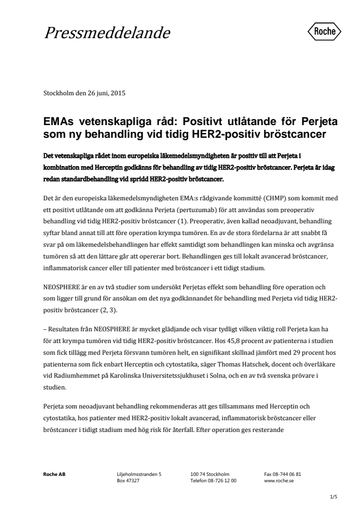 ​EMAs vetenskapliga råd: Positivt utlåtande för Perjeta som ny behandling vid tidig HER2-positiv bröstcancer 