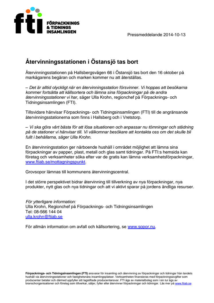 Återvinningsstationen i Östansjö vid Hallsberg tas bort