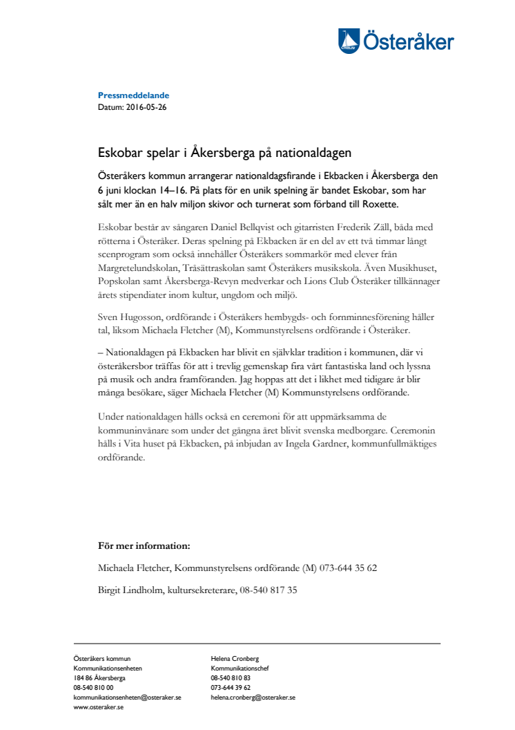 Eskobar spelar i Åkersberga på nationaldagen