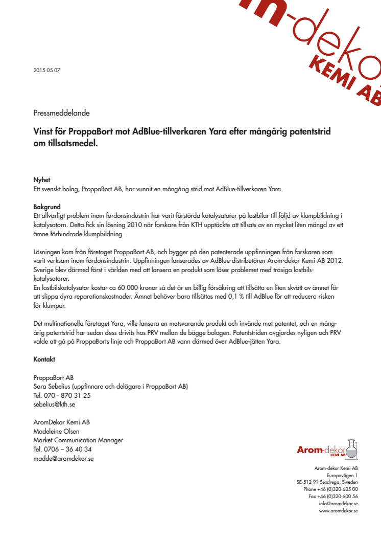 Vinst för ProppaBort mot AdBlue-tillverkaren Yara efter mångårig patentstrid om tillsatsmedel.