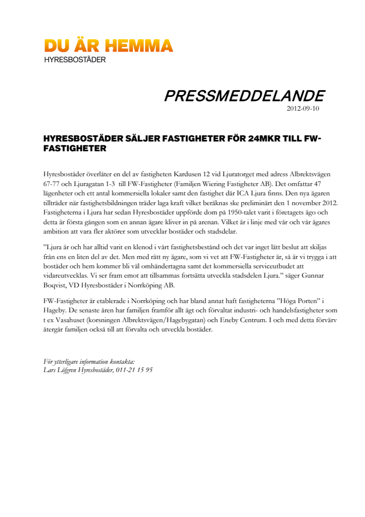 Hyresbostäder säljer fastigheter för 24mkr till FW-Fastigheter