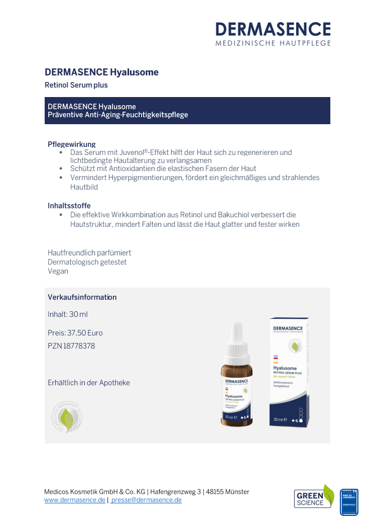 Factsheet DE: DERMASENCE Hyalusome Retinol Serum plus