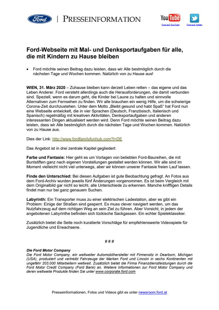 Ford-Webseite mit Mal- und Denksportaufgaben für alle,  die mit Kindern zu Hause bleiben