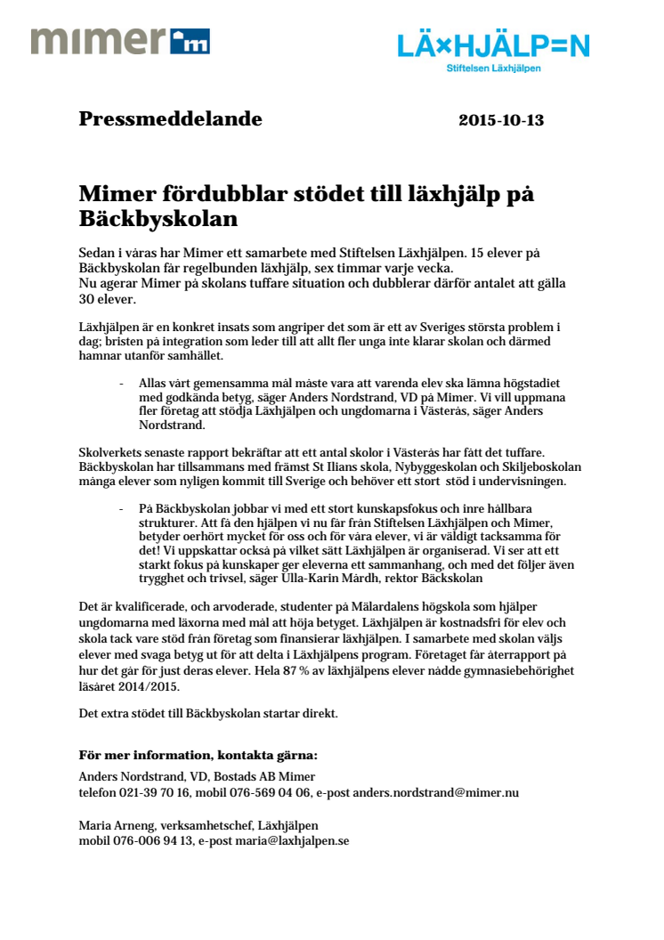 Mimer fördubblar stödet till läxhjälp på Bäckbyskolan