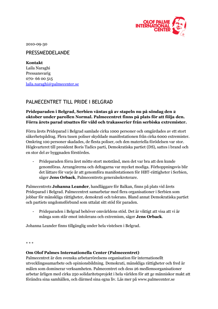 Palmecentret till Pride i Belgrad