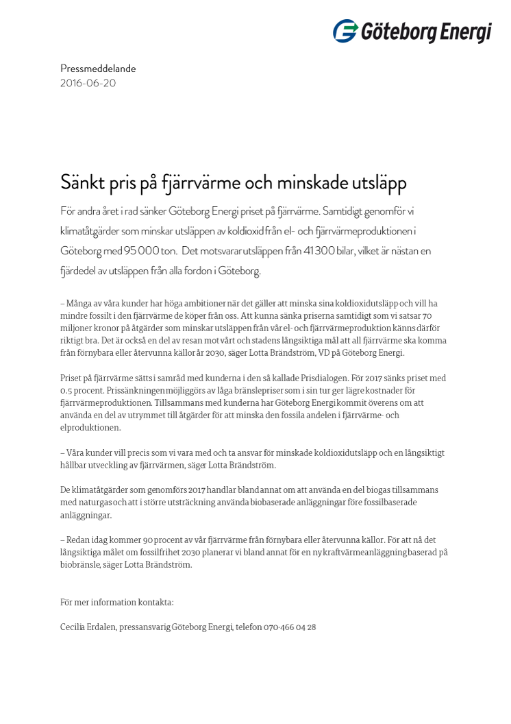 Sänkt pris på fjärrvärme och minskade utsläpp